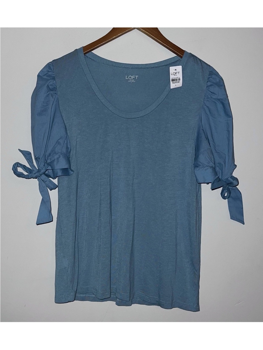 Ann Taylor Loft NWT Puff Tie Sleeves Top Blue Green Short Sleeves Soft Comfy L
